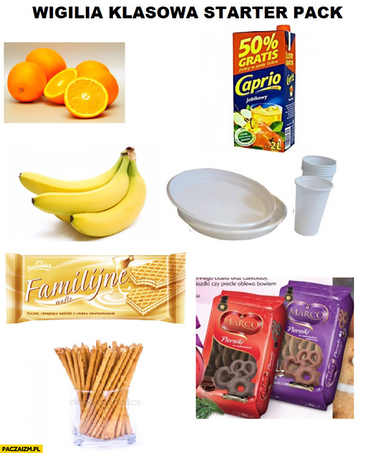 Wigilia klasowa starter pack: pomarańcze, banany, Caprio, wafle familijne, paluszki
