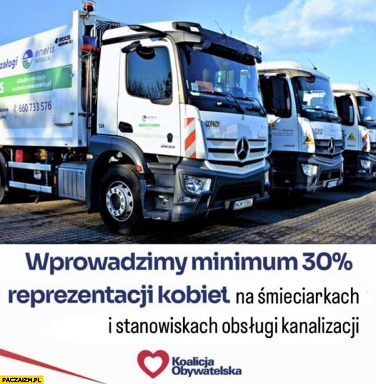 Wprowadzimy minimum 30% procent reprezentacji kobiet na śmieciarkach i stanowiskach obsługi kanalizacji koalicja obywatelska obietnica