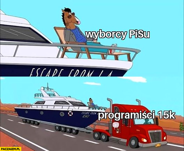 Wyborcy PiSu jadą na łodzi ciągniętej przez programistów 15k