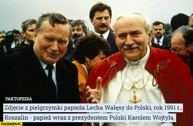 Zdjęcie z pielgrzymki papieża Lecha Wałęsy do Polski rok 1991 wraz z prezydentem polski Karolem Wojtyłą przeróbka photoshop