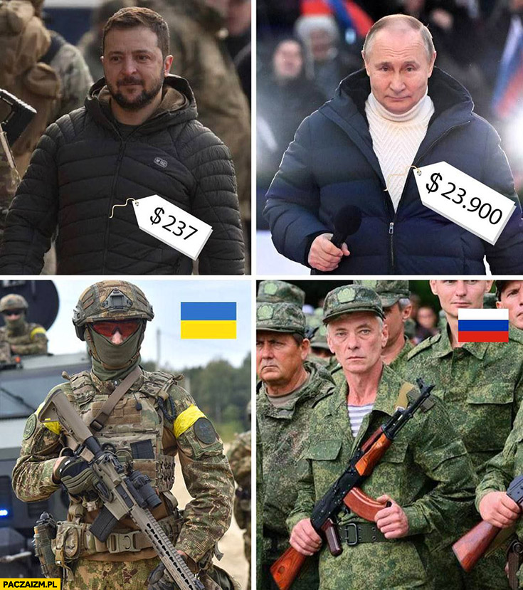 Zełenski tania kurtka dobrze wyposażona armia, Putin droga kurtka słabo wyposażona armia